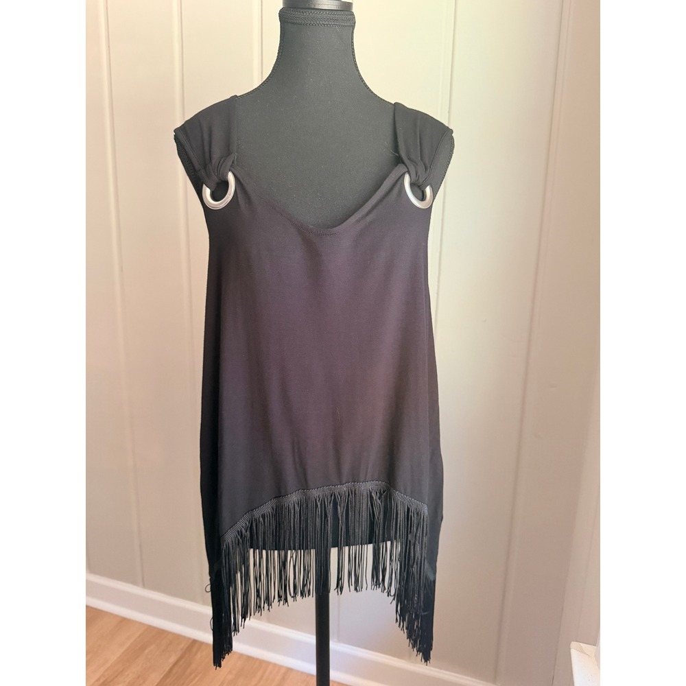 Venus Black Fringe Hem Grommet Shoulder Tank Top Sleeveless V-Neck Medium
